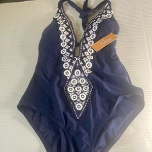 Kona Sol Navy Blue One-Piece Swimsuit with White Embroidery